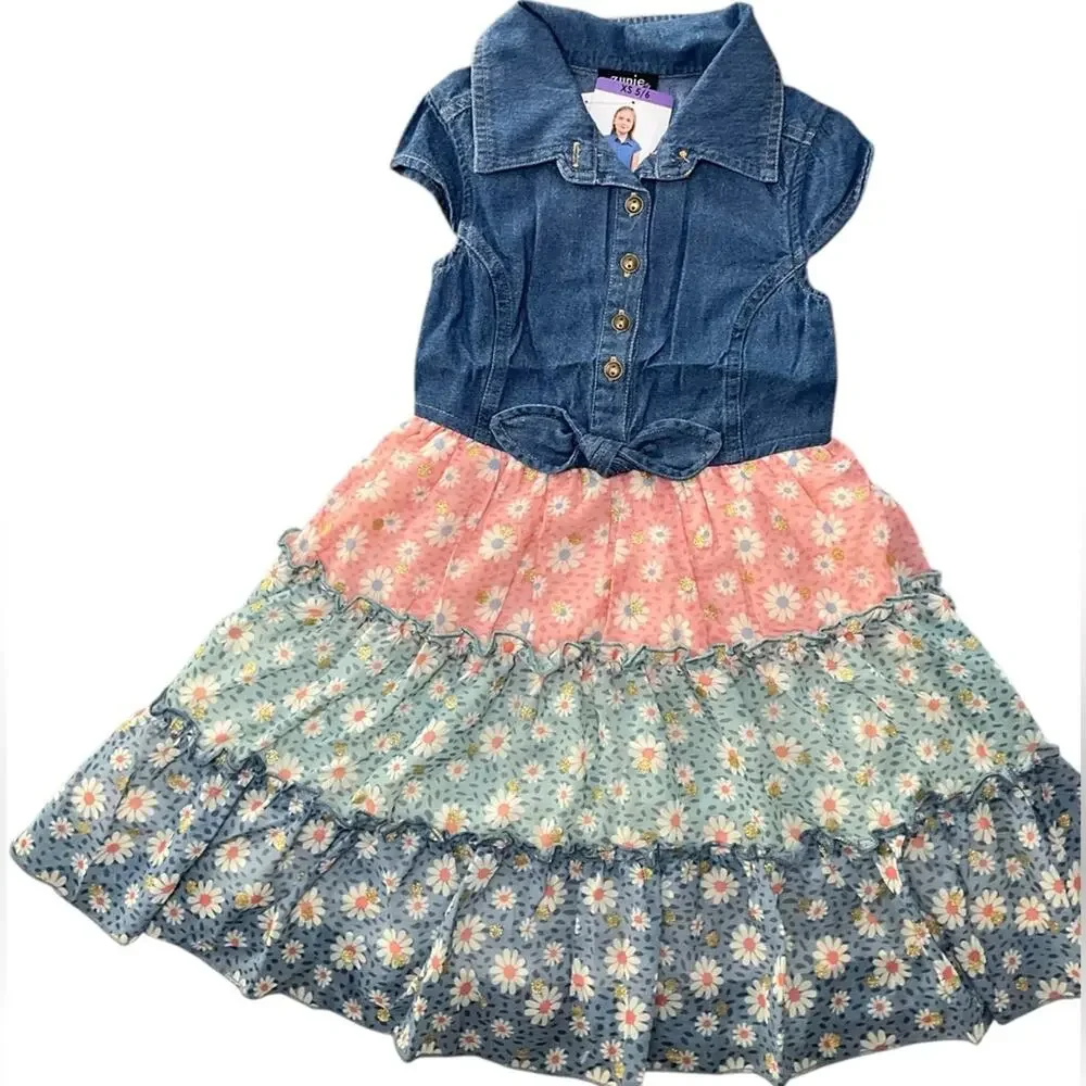 Zunie Girls Denim Daisy Floral Tiered Dress Size XS NWT